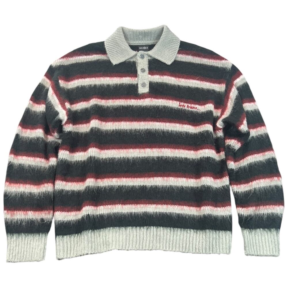iets frans Urban Outfitters Fuzzy Striped Rugby Sweater Mens M Black Burgundy